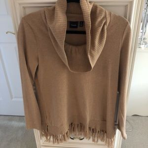 Tan cowl neck fringe sweater